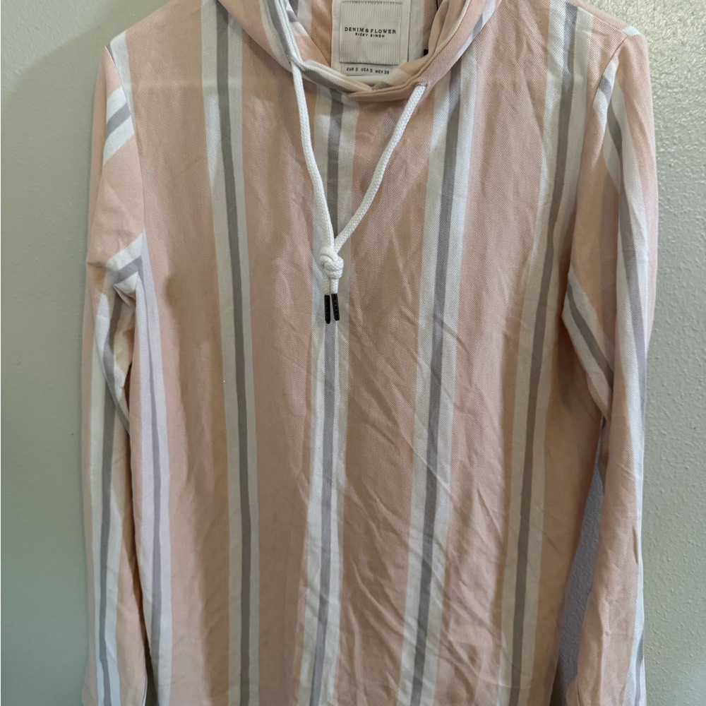 Denim & Flower Pink and White Striped Hooded Sweatshirt